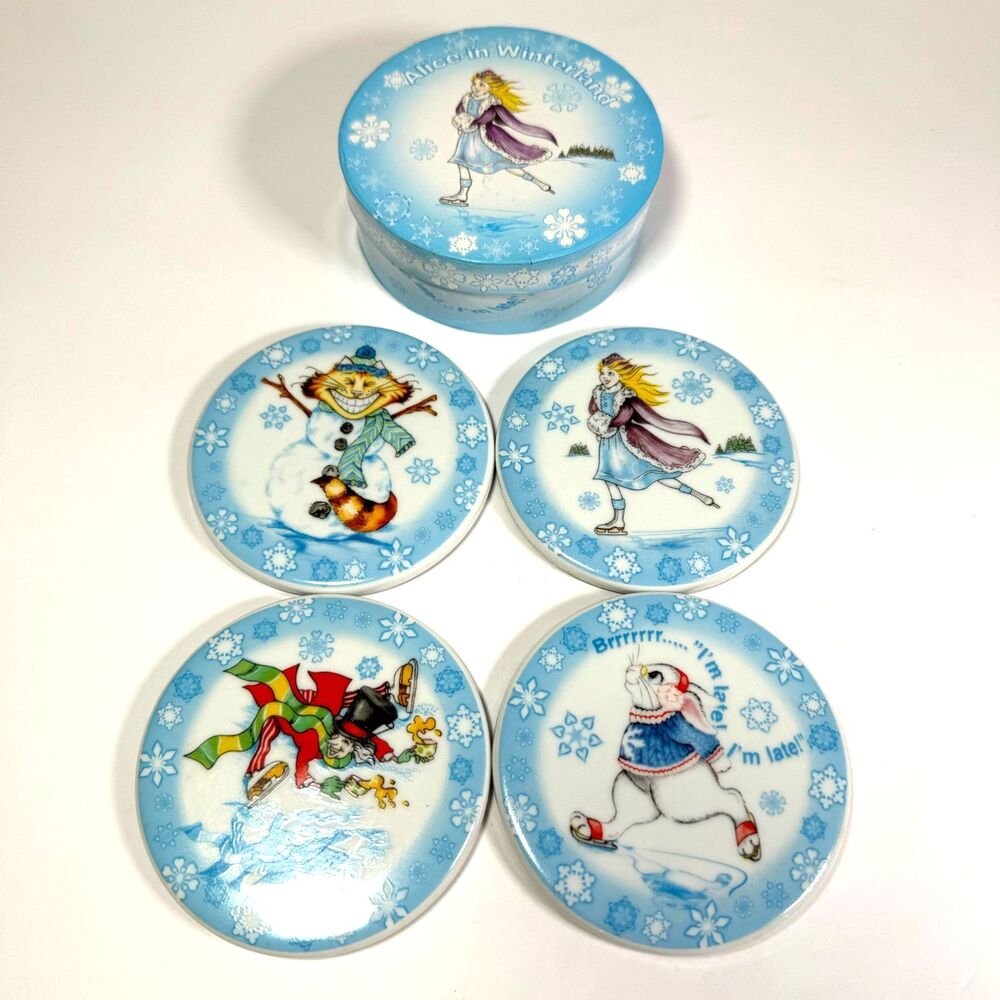 Alice in Winterland Coasters Foam Bottom Ceramic LOT of 4 Winter Christmas XMAS